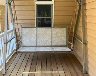 H9 - $60. Outdoor Swing. Measures 79” W x 55” D x 75” Tall. Has some surface rust but still sturdy! Please have a truck or trailer to move - we can not help disassemble.