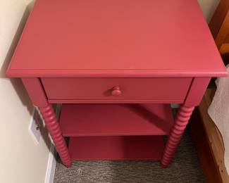 H62 - $100. Pair of Pink Side Tables. Single Drawers that slide easily. Measures 23.5“ W x 15.5” D x 30” Tall.