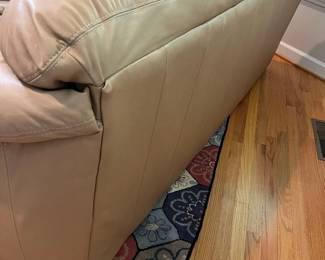 H51 - $175. Tan Leather Couch by Palliser Furniture "Shanelle Sofa Classic". Measures 88” W x 36“ D x floor to seat 17” x floor to back 32” Tall.