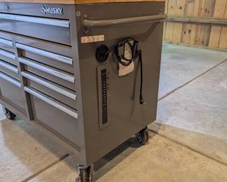 H104 - $250. Husky Tool Box - Mobile Work Bench. Measures 46” W x 25” D x 37.35 Tall. Excellent Condition.