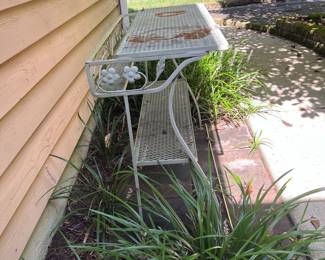 H13 - $75. Vintage metal Potting Table. Measures 37” W x 19.5” D x 32” Tall.