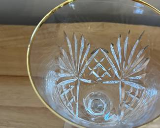 H87 - $80. 7 Piece Set. Miller Rogaska Gold Rim Water Goblets. Measures 8" Tall. Minor wear on gold.