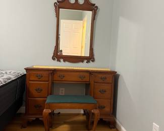 H25 - $145. Three-piece Vanity Set. Mirror Measures 26“ W x 44” Tall. Vanity measures 45” W x 20” D x 30” Tall. Stool measures 32” W x 13.5” D x 17“ Tall.