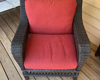 H8 - $100. Hampton Bay Three-piece Set. 2 Arm Chairs. Each measures 32” W x 32” D x floor to seat without cushion 11“ x floor to back 31” Tall. One ottoman measures 24“ W x 19” D x 11” Tall. (without the cushion)