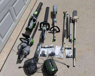 H140 - $275. Ego Chainsaw 18", Power Plus 530CFM Leaf Blower, Bush Trimmer, Extension Rod for weed whacker. ALL 56 Volt. 2 Batteries. 2 Chargers.