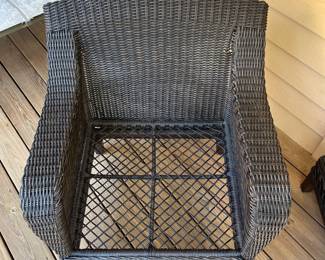 H8 - $100. Hampton Bay Three-piece Set. 2 Arm Chairs. Each measures 32” W x 32” D x floor to seat without cushion 11“ x floor to back 31” Tall. One ottoman measures 24“ W x 19” D x 11” Tall. (without the cushion)