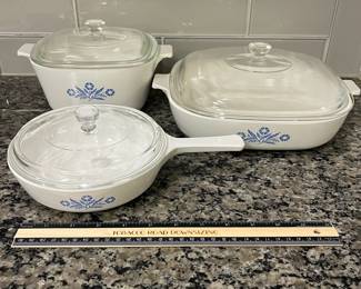 H71 - $35. 3 Piece Set Corning Ware - Blue Cornflower with Glass Lids.