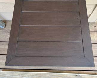 H8 - $100. Hampton Bay Three-piece Set. 2 Arm Chairs. Each measures 32” W x 32” D x floor to seat without cushion 11“ x floor to back 31” Tall. One ottoman measures 24“ W x 19” D x 11” Tall. (without the cushion)