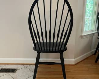 H54 - $600. Set of 8 Slovenian Dining Chairs - Wooden & Sturdy. 2 Arm Chairs. Each measures 23” W x 18” D x floor to seat 18” x floor to back 43” Tall. 6 Regular Chairs. Each measures 20” W x 18“ D x floor to seat 17” x floor to back 43” Tall.