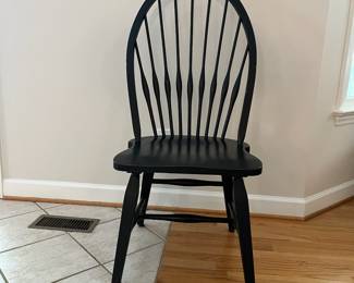 H54 - $600. Set of 8 Slovenian Dining Chairs - Wooden & Sturdy. 2 Arm Chairs. Each measures 23” W x 18” D x floor to seat 18” x floor to back 43” Tall. 6 Regular Chairs. Each measures 20” W x 18“ D x floor to seat 17” x floor to back 43” Tall.
