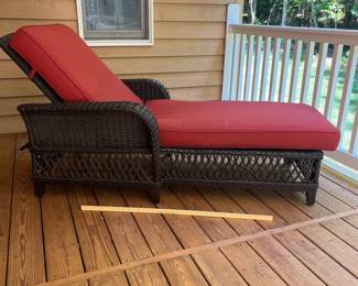H5 - $100. Hampton Bay Chaise Lounge. Measures 32” W x 61” D x floor seat 22” x floor to back adjustable.