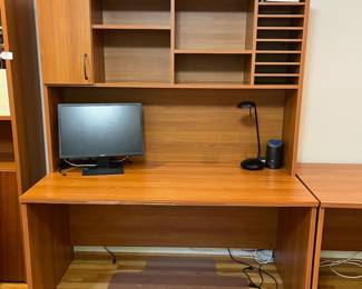 H40 - $100. Desk with Hutch. Measures 59” W x 29.5“ D x 71” Tall. Moves in 2 pieces. Sturdy with some wear across the front.