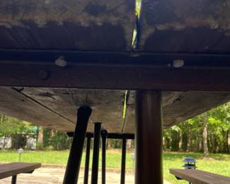 H11 - $75. Picnic Table with Umbrella. Measures 74” W x 60” D x 28.5” Tall. Fair condition - sturdy but a bit weathered.