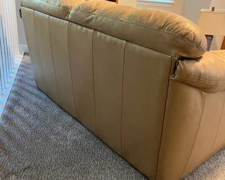H59 - $150. Tan Leather Loveseat by Palliser Furniture "Shanelle Classic".Worn but no holes/rips. Measures 64” W x 36” D x floor to seat 18” x floor to back 30” Tall.