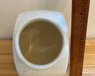 H129 - $35. Dedham Pottery Bunny Canister No Lid. Measures 7.5" W x 7.25" Tall.