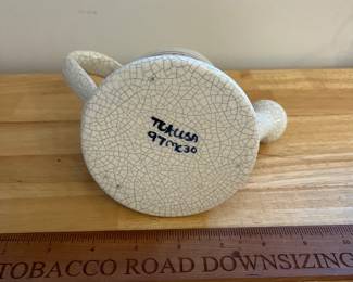 H128 - $35. Dedham Pottery Bunny Watering Can. Measures 7.25" W x 4.5" Tall.