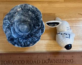 H134 - $40. Dedham Pottery Sleeping Bunny on Blue Cabbage. Measures 5.75" W x 3.5" Tall.