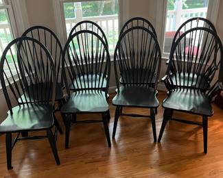 H54 - $600. Set of 8 Slovenian Dining Chairs - Wooden & Sturdy. 2 Arm Chairs. Each measures 23” W x 18” D x floor to seat 18” x floor to back 43” Tall. 6 Regular Chairs. Each measures 20” W x 18“ D x floor to seat 17” x floor to back 43” Tall.