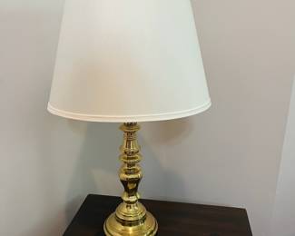 H47 - $25. Brass Table Lamp. Measures 26” Tall. Some spots on the base of the lamp. Shade is in excellent condition.