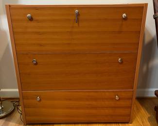 H35 - $60. Locking Filing Cabinet - with key. Measures 37.5“ W x 16” D x 39.5” Tall. Very good used condition.