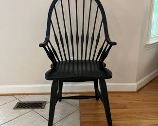 H54 - $600. Set of 8 Slovenian Dining Chairs - Wooden & Sturdy. 2 Arm Chairs. Each measures 23” W x 18” D x floor to seat 18” x floor to back 43” Tall. 6 Regular Chairs. Each measures 20” W x 18“ D x floor to seat 17” x floor to back 43” Tall.