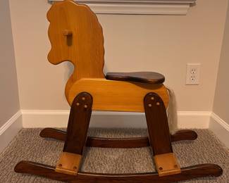 H65 - $30. Wooden Rocking Horse. Measures 13.25” W x 31” D x floor to seat 16.25 Tall.