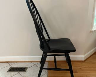 H54 - $600. Set of 8 Slovenian Dining Chairs - Wooden & Sturdy. 2 Arm Chairs. Each measures 23” W x 18” D x floor to seat 18” x floor to back 43” Tall. 6 Regular Chairs. Each measures 20” W x 18“ D x floor to seat 17” x floor to back 43” Tall.