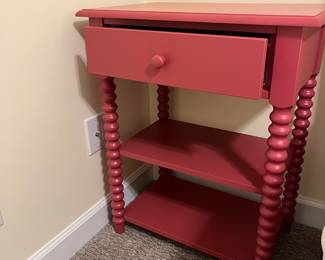 H62 - $100. Pair of Pink Side Tables. Single Drawers that slide easily. Measures 23.5“ W x 15.5” D x 30” Tall.