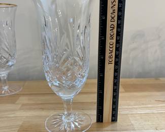 H86 - $80. 8 Piece Set. Miller Rogaska Gold Rim Iced tea Glasses. Measures 7.25" Tall. Minor wear on gold.
