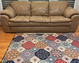 H51 - $175. Tan Leather Couch by Palliser Furniture "Shanelle Sofa Classic". Measures 88” W x 36“ D x floor to seat 17” x floor to back 32” Tall.