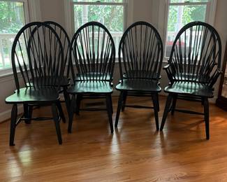 H54 - $600. Set of 8 Slovenian Dining Chairs - Wooden & Sturdy. 2 Arm Chairs. Each measures 23” W x 18” D x floor to seat 18” x floor to back 43” Tall. 6 Regular Chairs. Each measures 20” W x 18“ D x floor to seat 17” x floor to back 43” Tall.