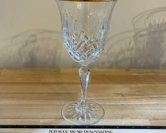 H87 - $80. 7 Piece Set. Miller Rogaska Gold Rim Water Goblets. Measures 8" Tall. Minor wear on gold.