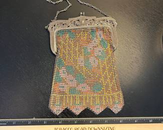 H91 - $80. Vintage Whiting and Davis Geometric Mesh Evening Purse. Excellent vintage condition with some tarnish on the clasp.