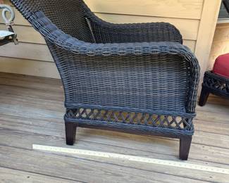 H8 - $100. Hampton Bay Three-piece Set. 2 Arm Chairs. Each measures 32” W x 32” D x floor to seat without cushion 11“ x floor to back 31” Tall. One ottoman measures 24“ W x 19” D x 11” Tall. (without the cushion)