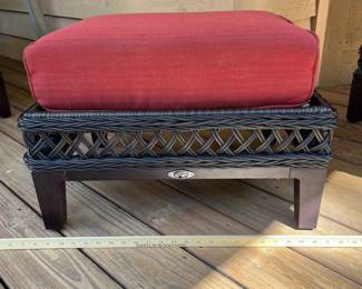 H8 - $100. Hampton Bay Three-piece Set. 2 Arm Chairs. Each measures 32” W x 32” D x floor to seat without cushion 11“ x floor to back 31” Tall. One ottoman measures 24“ W x 19” D x 11” Tall. (without the cushion)