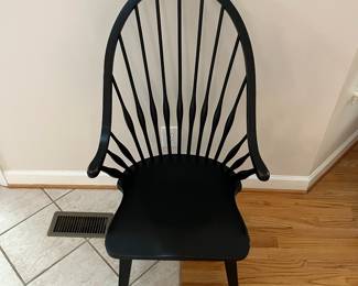 H54 - $600. Set of 8 Slovenian Dining Chairs - Wooden & Sturdy. 2 Arm Chairs. Each measures 23” W x 18” D x floor to seat 18” x floor to back 43” Tall. 6 Regular Chairs. Each measures 20” W x 18“ D x floor to seat 17” x floor to back 43” Tall.