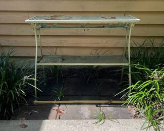 H13 - $75. Vintage metal Potting Table. Measures 37” W x 19.5” D x 32” Tall.