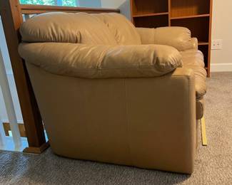 H59 - $150. Tan Leather Loveseat by Palliser Furniture "Shanelle Classic".Worn but no holes/rips. Measures 64” W x 36” D x floor to seat 18” x floor to back 30” Tall.