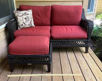 H10 - $100. 3 Piece Hampton Bay Deck Set. Love Seat Measures 61” W x 32” D x floor to seat 11.5 without cushion x floor to back 30” Tall. Ottoman Measures 28” W x 18.5” D x 11” tall without cushion. Table Measures 19” W x 19” D x 20” Tall.