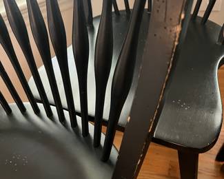 H54 - $600. Set of 8 Slovenian Dining Chairs - Wooden & Sturdy. 2 Arm Chairs. Each measures 23” W x 18” D x floor to seat 18” x floor to back 43” Tall. 6 Regular Chairs. Each measures 20” W x 18“ D x floor to seat 17” x floor to back 43” Tall.
