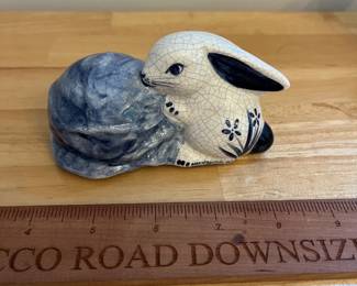 H132 - $15. Dedham Pottery Bunny with Blue Cabbage. Measures 4.5" W x 2.25" Tall.