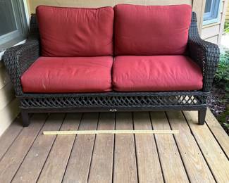 H10 - $100. 3 Piece Hampton Bay Deck Set. Love Seat Measures 61” W x 32” D x floor to seat 11.5 without cushion x floor to back 30” Tall. Ottoman Measures 28” W x 18.5” D x 11” tall without cushion. Table Measures 19” W x 19” D x 20” Tall.