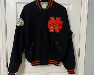 H102 - $75. 1980s Vintage Lettermen Jacket. No size on tag. Measures 25" pit - pit and 25.5" shoulder - bottom of the jacket.