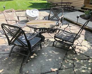 H12 - $100. Grand Resort Outdoor Table and Chair Set. Some holes on the mesh part of the seat where the screws are but still sturdy enough for another season.