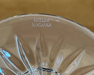 H87 - $80. 7 Piece Set. Miller Rogaska Gold Rim Water Goblets. Measures 8" Tall. Minor wear on gold.