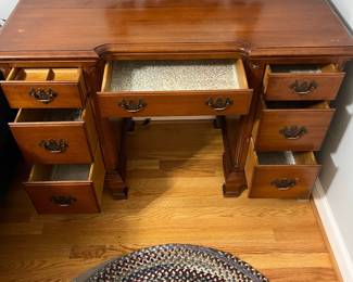 H25 - $145. Three-piece Vanity Set. Mirror Measures 26“ W x 44” Tall. Vanity measures 45” W x 20” D x 30” Tall. Stool measures 32” W x 13.5” D x 17“ Tall.