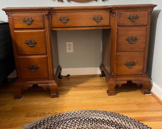 H25 - $145. Three-piece Vanity Set. Mirror Measures 26“ W x 44” Tall. Vanity measures 45” W x 20” D x 30” Tall. Stool measures 32” W x 13.5” D x 17“ Tall.