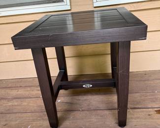 H10 - $100. 3 Piece Hampton Bay Deck Set. Love Seat Measures 61” W x 32” D x floor to seat 11.5 without cushion x floor to back 30” Tall. Ottoman Measures 28” W x 18.5” D x 11” tall without cushion. Table Measures 19” W x 19” D x 20” Tall.