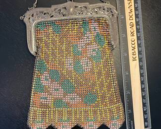 H91 - $80. Vintage Whiting and Davis Geometric Mesh Evening Purse. Excellent vintage condition with some tarnish on the clasp.