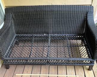 H10 - $100. 3 Piece Hampton Bay Deck Set. Love Seat Measures 61” W x 32” D x floor to seat 11.5 without cushion x floor to back 30” Tall. Ottoman Measures 28” W x 18.5” D x 11” tall without cushion. Table Measures 19” W x 19” D x 20” Tall.